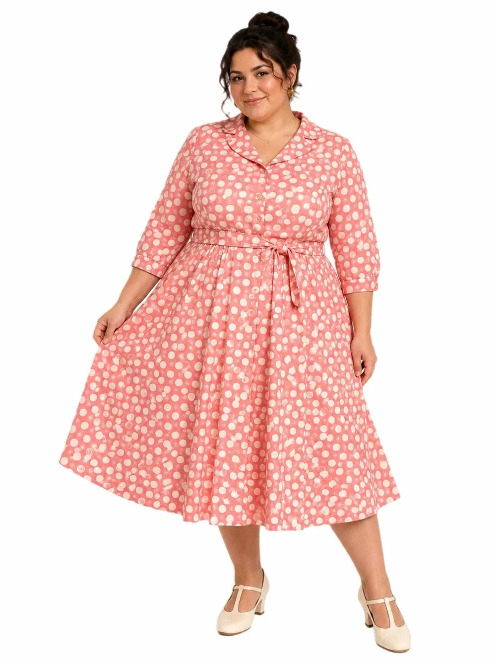 50s/60s European Vintage Abstract Retro Polka Dot Belted Midi Dress (Peach)XL/1X